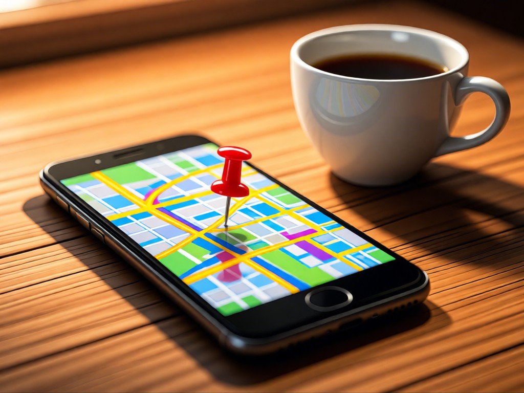 A map pin dropped on a smartphone screen showing local city streets. Coffee cup beside it on a wooden surface. Warm ambient lighting. No people.