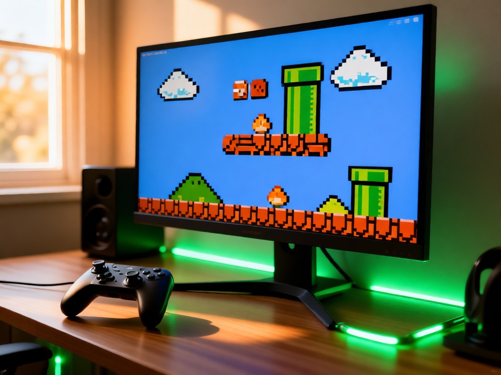 A gaming monitor displaying pixel art from classic Nintendo games. A pro controller sits nearby on a desk with soft green LED accents. Warm natural lighting. No people.