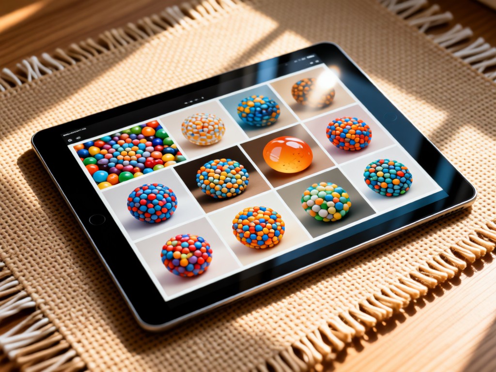 An elegant digital tablet displaying a curated grid of colorful peebles artwork on a woven tapestry. Soft morning light creates gentle highlights on the screen. No people.