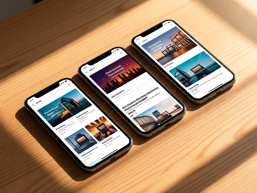 Three angled smartphones displaying different portfolio sections on a wooden surface. Soft shadows, warm daylight. Clean composition with breathing space. No people.