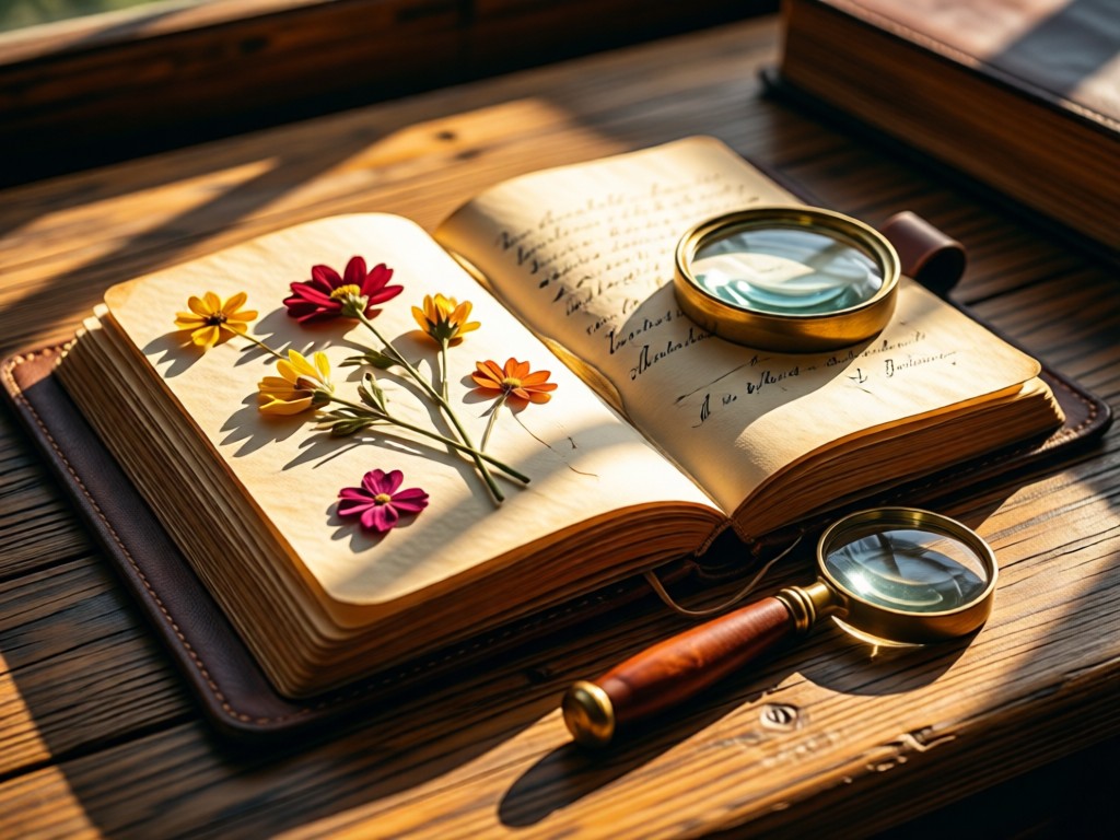 An open leather journal with pressed flowers and handwritten notes beside a vintage magnifying glass. Sunlight illuminates the paper texture on a weathered desk. Warm, nostalgic feel. No people.