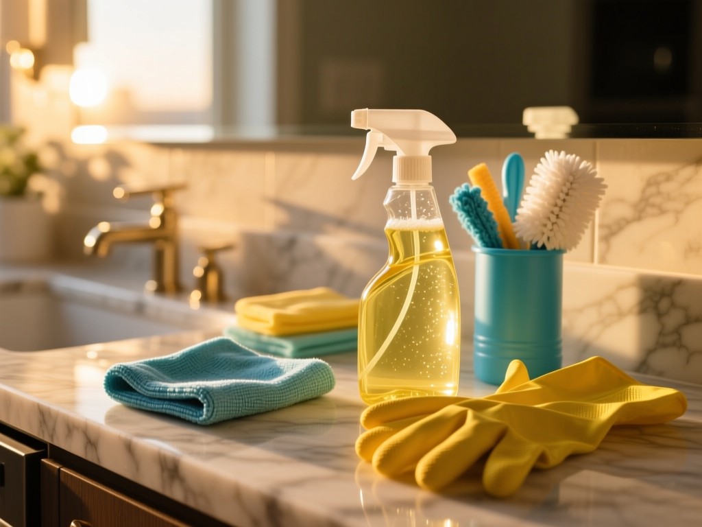 Close-up of sparkling cleaning tools on a marble counter during golden hour: microfiber cloth, spray bottle, and gloves arranged neatly, soft sunlight highlighting textures, shallow depth of field, warm tones.