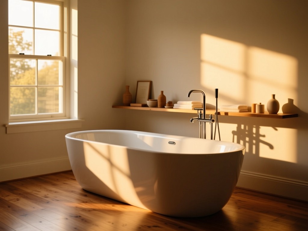 A minimalist reformer machine bathed in golden hour light near a sunlit window, neatly arranged props in the background, soft shadows on polished wood floors, warm natural tones, no people.