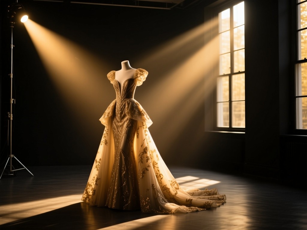 A spotlight shining on a single haute couture garment in an otherwise dark studio, golden hour rays filtering through high windows, dramatic shadows, rich textures, no people visible.