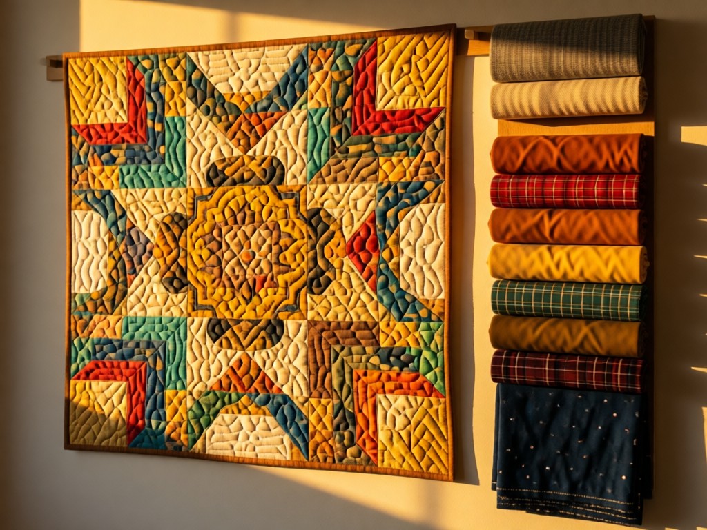 A partially completed quilt block on a design wall, with folded coordinating fabrics arranged beside it. Golden hour light emphasizes texture and color harmony.