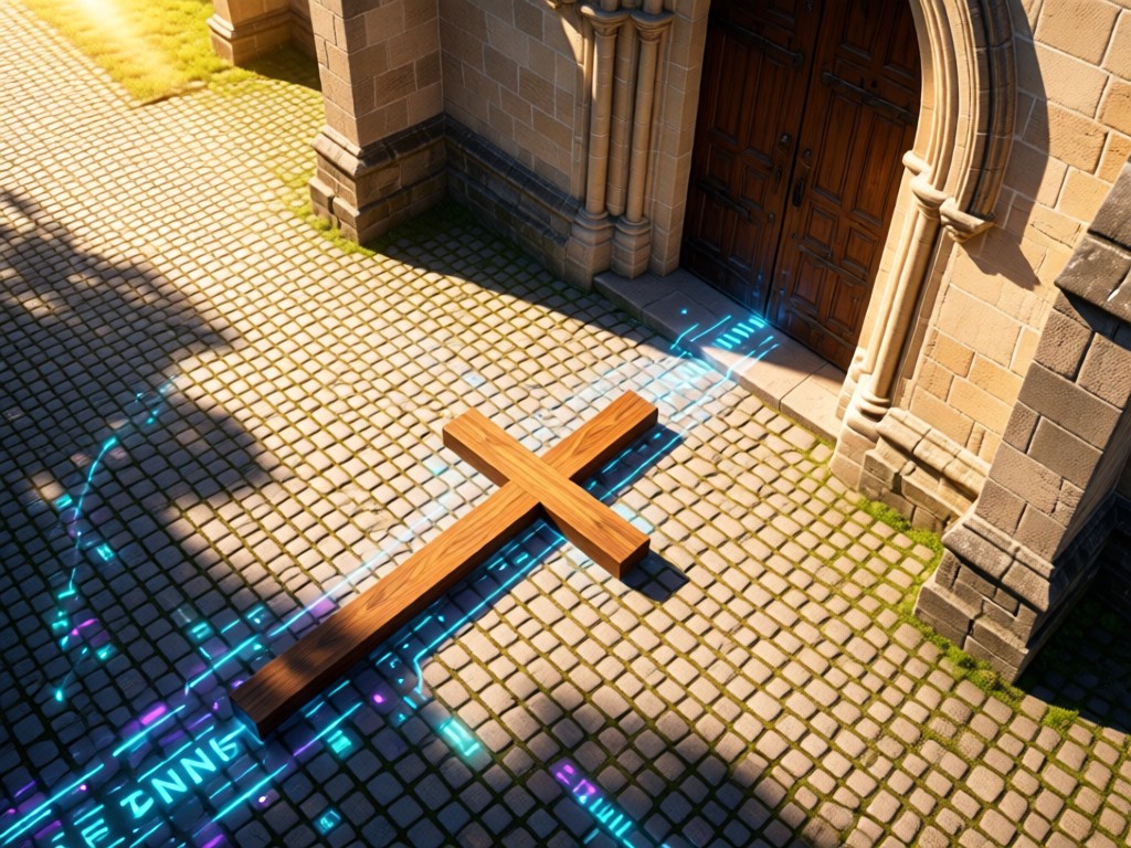 Aerial view of a simple wooden processional cross lying on sunlit cobblestones near ancient church doors. The scene symbolizes digital pathways to faith. No people.