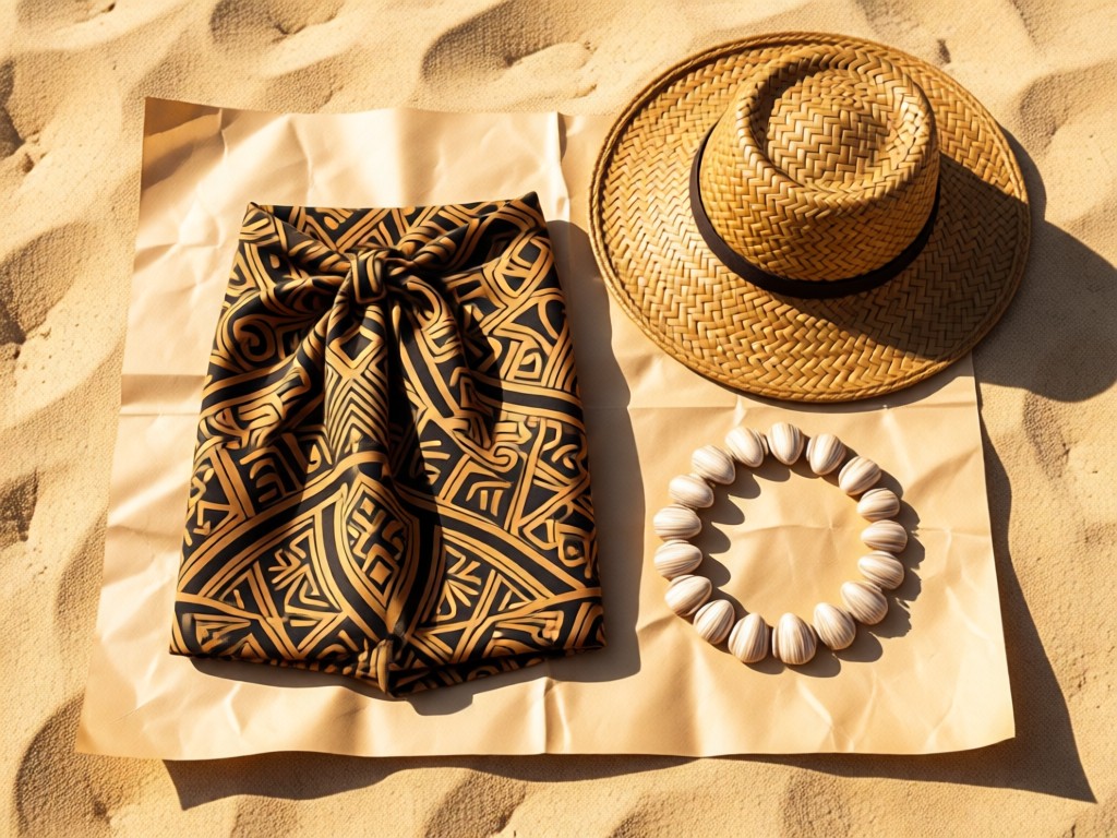 Flat lay of traditional Polynesian garments: kikepa wrap, woven hat, and shell jewelry arranged artistically on handmade paper. Sunlight emphasizes textures against a sand-colored backdrop. No people.