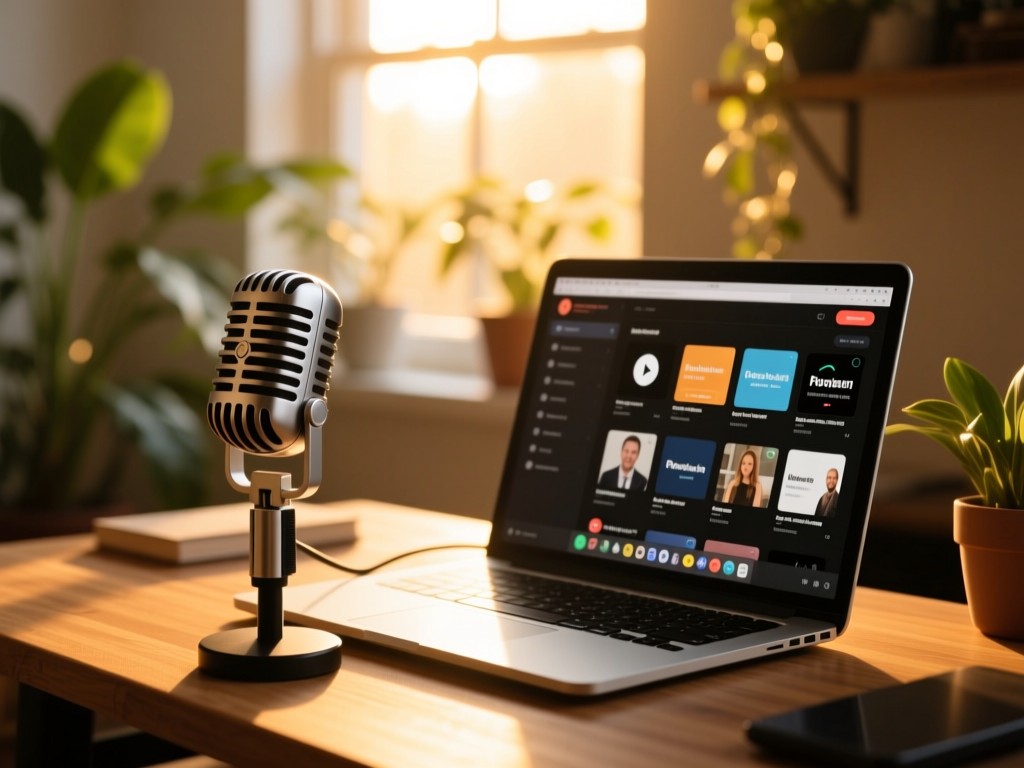 A sleek microphone on a wooden desk during golden hour, laptop screen showing organized podcast episodes, warm sunlight through window, plants in background, soft natural lighting, shallow depth of field.