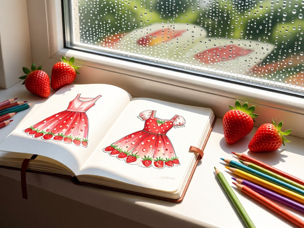 An open sketchbook showing strawberry clothing designs beside real strawberries on a sun-drenched windowsill. Watercolor pencils scattered nearby, with condensation droplets on a glass. No people.