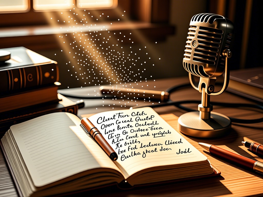 Open notebook with handwritten client quotes beside a vintage microphone. Sunlight highlights dust particles above the textured paper. Warm, authentic workspace vibe.