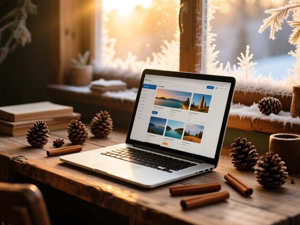 A rustic wooden desk with scattered pine cones and cinnamon sticks during golden hour, laptop screen showing organized travel content, soft sunlight filtering through frosty window, shallow depth of field, warm natural tones, no people.