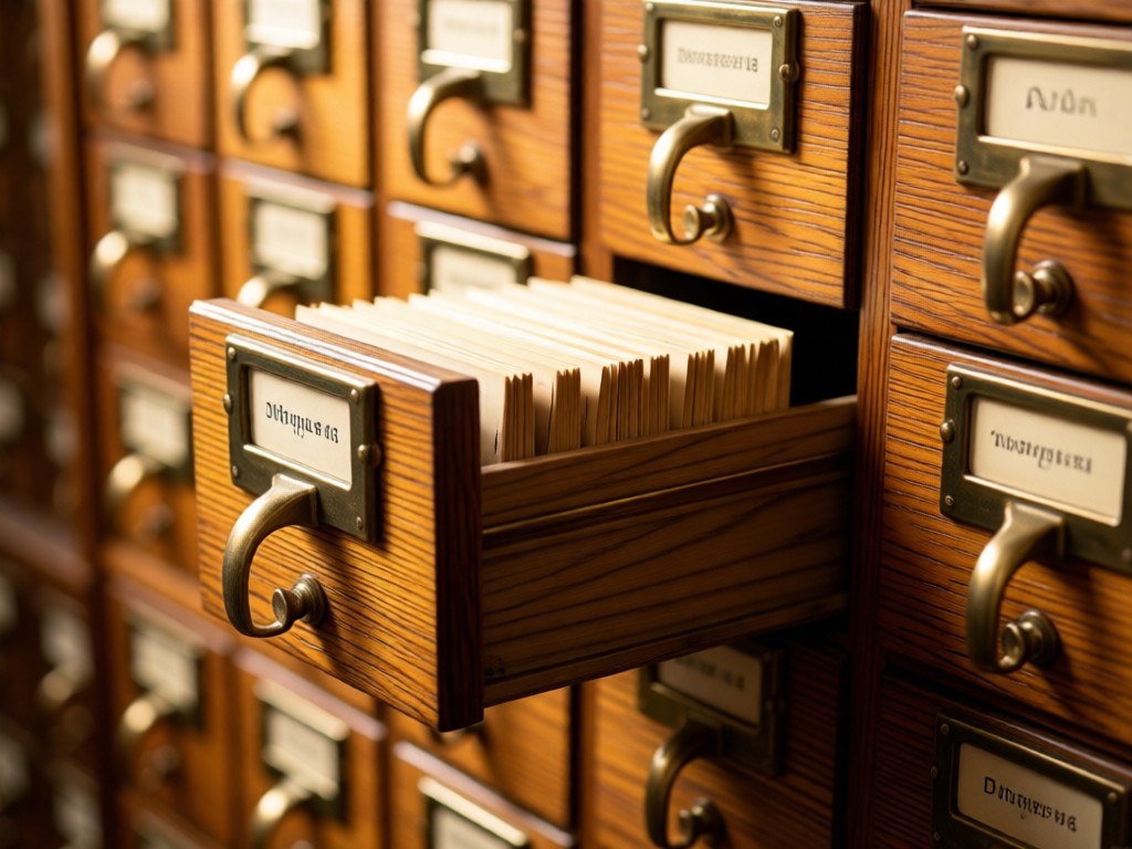 Close-up of a vintage library card catalog with labeled drawers partially open. Warm light highlights the wood grain and brass hardware. Shallow depth of field. No people.