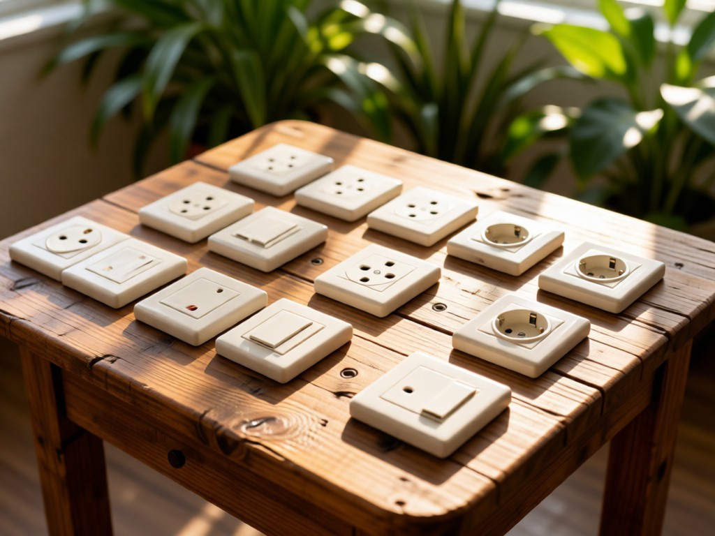Overhead shot of neatly arranged electrical outlets and switches on a rustic wooden table. Morning light creates soft shadows. Blurred green plants in background. No people.