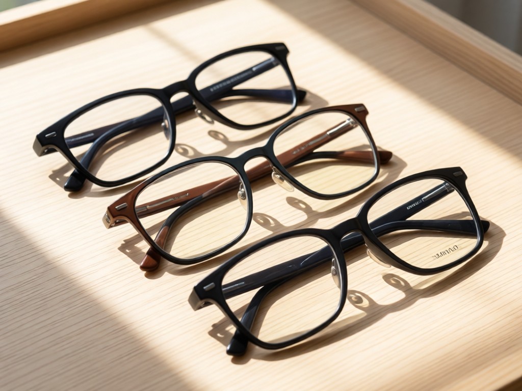 Three designer eyeglass frames arranged diagonally on light wood. Soft shadows highlight unique hinges and materials. Diffused window light creates clean highlights. No people.