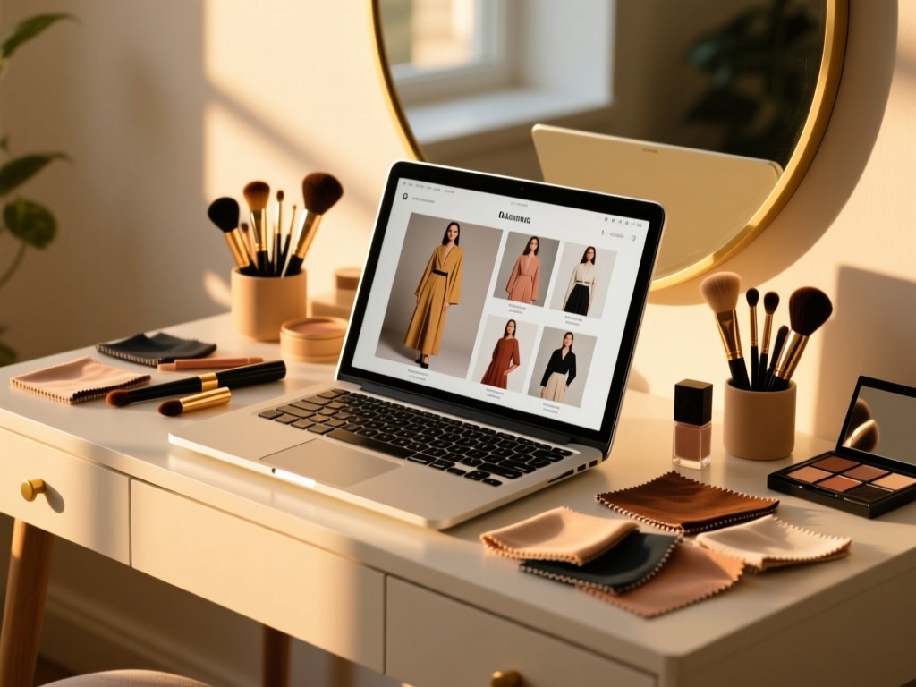 A minimalist vanity table during golden hour, displaying an open laptop showing a curated fashion portfolio, surrounded by cosmetic brushes and fabric swatches, soft sunlight, shallow depth of field, warm tones.