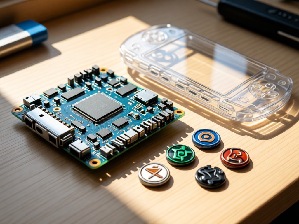 Macro shot of a disassembled PS Vita motherboard beside custom buttons and a translucent shell. Sunlight catches metallic components on a clean workbench. No people.