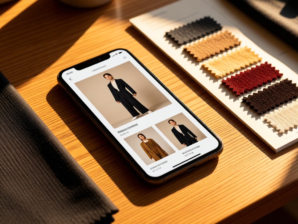 A smartphone displaying a sleek fashion portfolio beside fabric swatches on a wooden desk. Golden hour light creates warm highlights and soft shadows. No people.