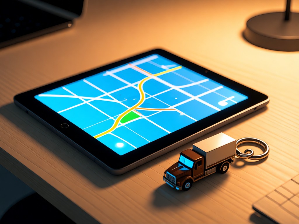 Minimalist desk with glowing tablet showing GPS routes. A vintage truck keychain rests beside it in warm light. Clean technology focus. No people.