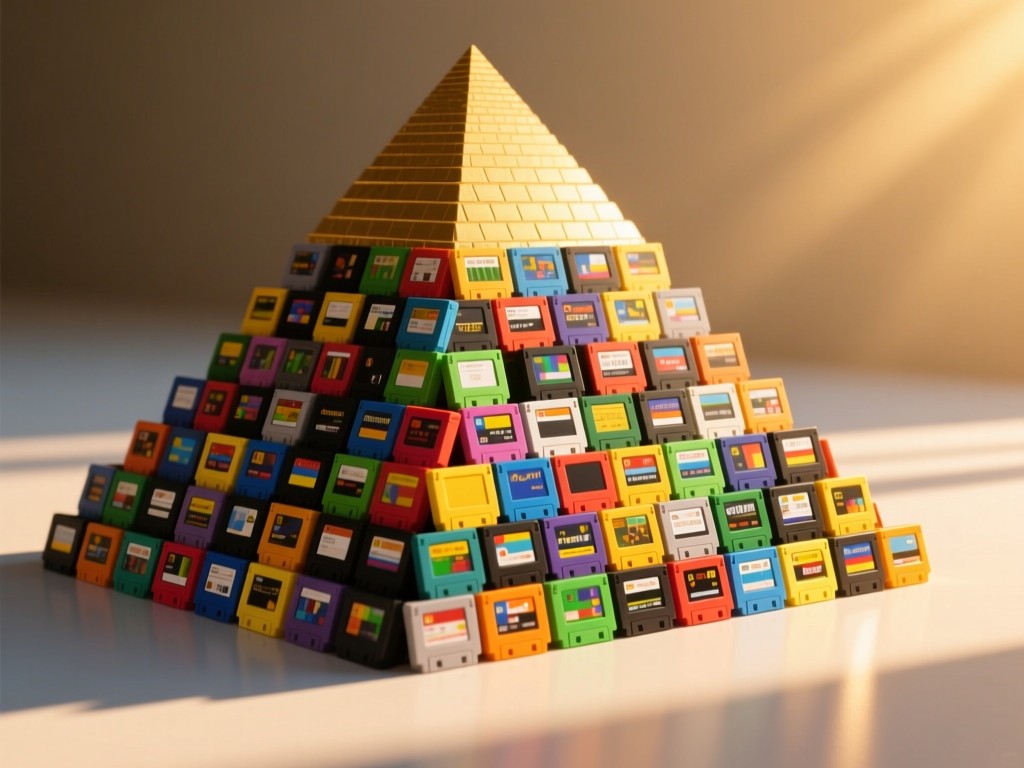 A towering pyramid of colorful gaming cartridges catching golden hour light, casting long shadows on a clean surface, symbolizing growth and value, minimalist composition.
