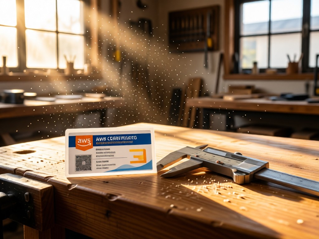 A neatly arranged AWS certification card beside precision calipers on a wooden workbench. Morning light streams through workshop windows, illuminating dust particles. No people.