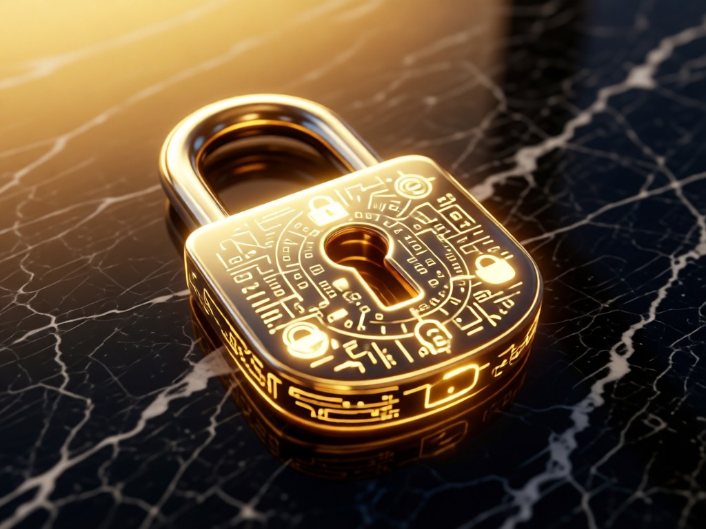 A close-up of a locked digital padlock icon glowing softly on a dark marble background. Golden hour light creates warm reflections. Symbolizes security and professionalism. No people.