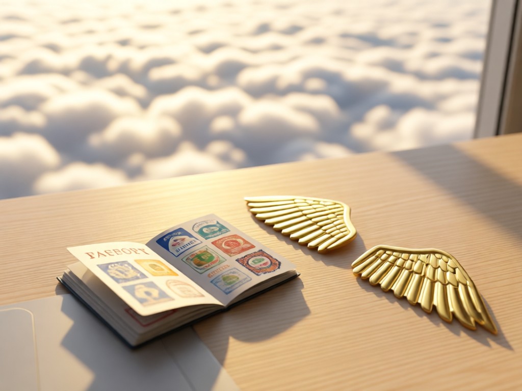 A minimalist desk with an open passport showing colorful visa stamps. Beside it, a pair of gold aviation wings glinting in afternoon sun. Soft focus background shows cloud textures. No people.