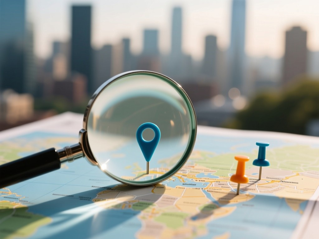 Magnifying glass over map with location pins. Soft natural lighting. Blurred cityscape background. No people.
