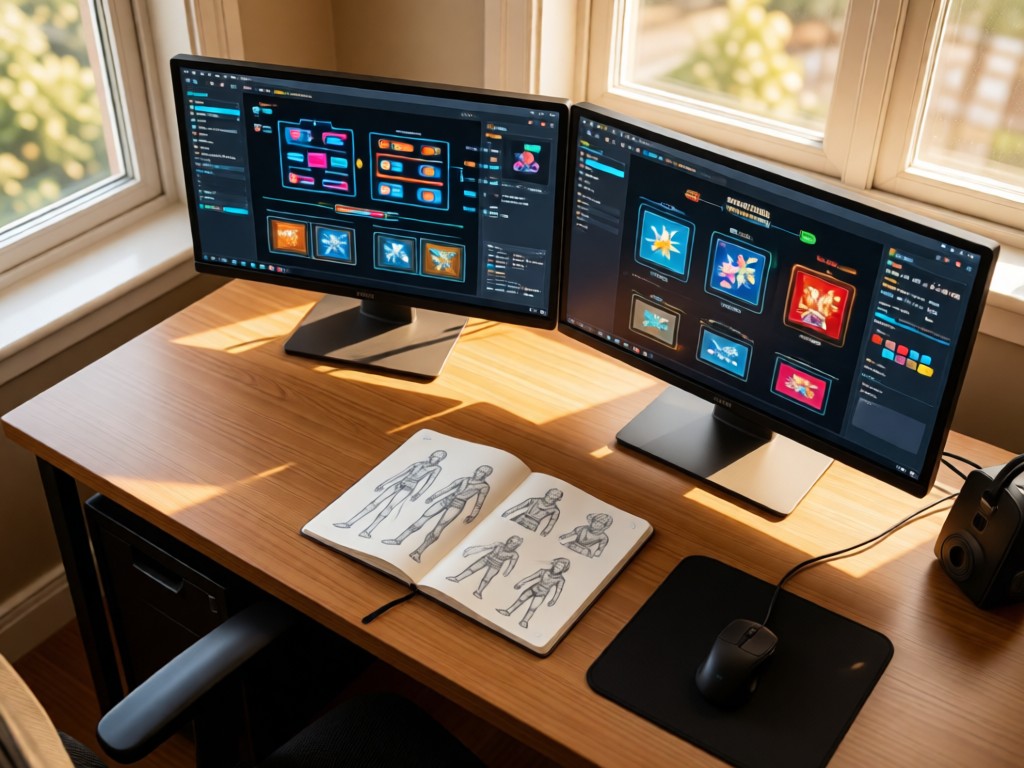 Overhead shot of a desk with dual monitors displaying game UI designs. A notebook with character sketches lies open beside a mouse. Warm natural light from a window. No people.