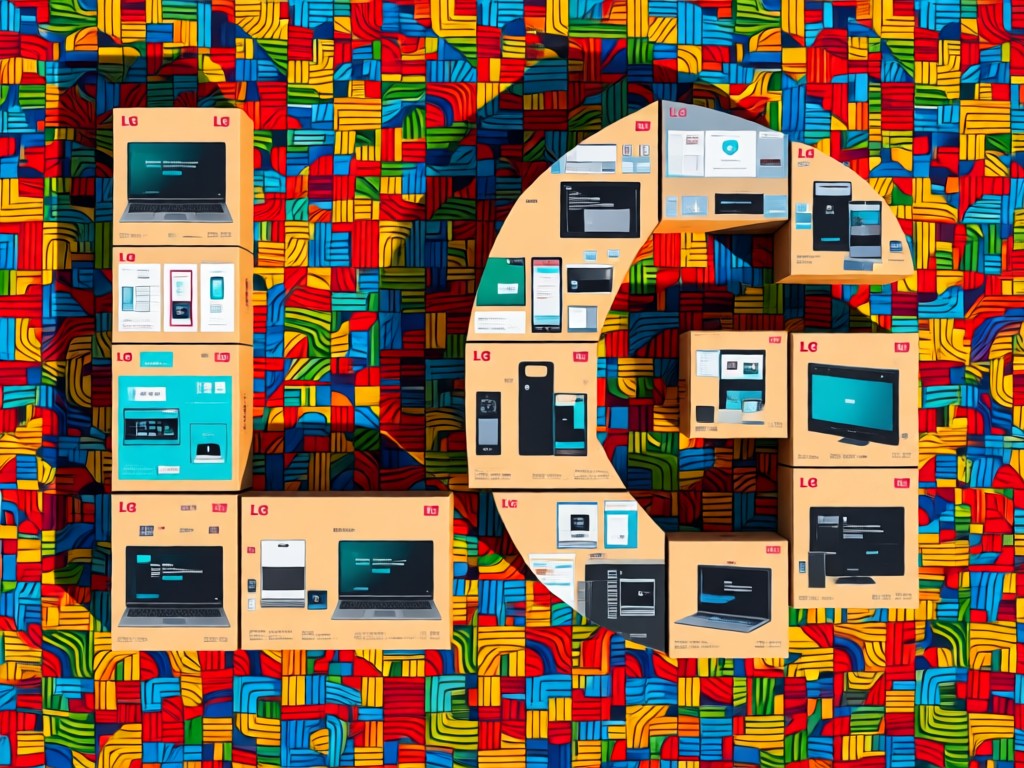 An aerial view of LG product boxes arranged in a mosaic pattern on a vibrant Ankara fabric in golden hour. Symbolizes organized tech solutions with cultural connection. No people.