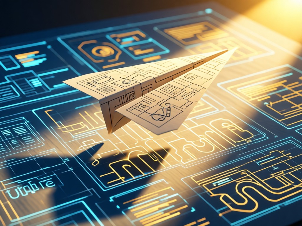 A paper airplane soaring over a blueprint of digital interfaces. Golden sunlight creates dynamic shadows. Symbolic growth imagery. No people.