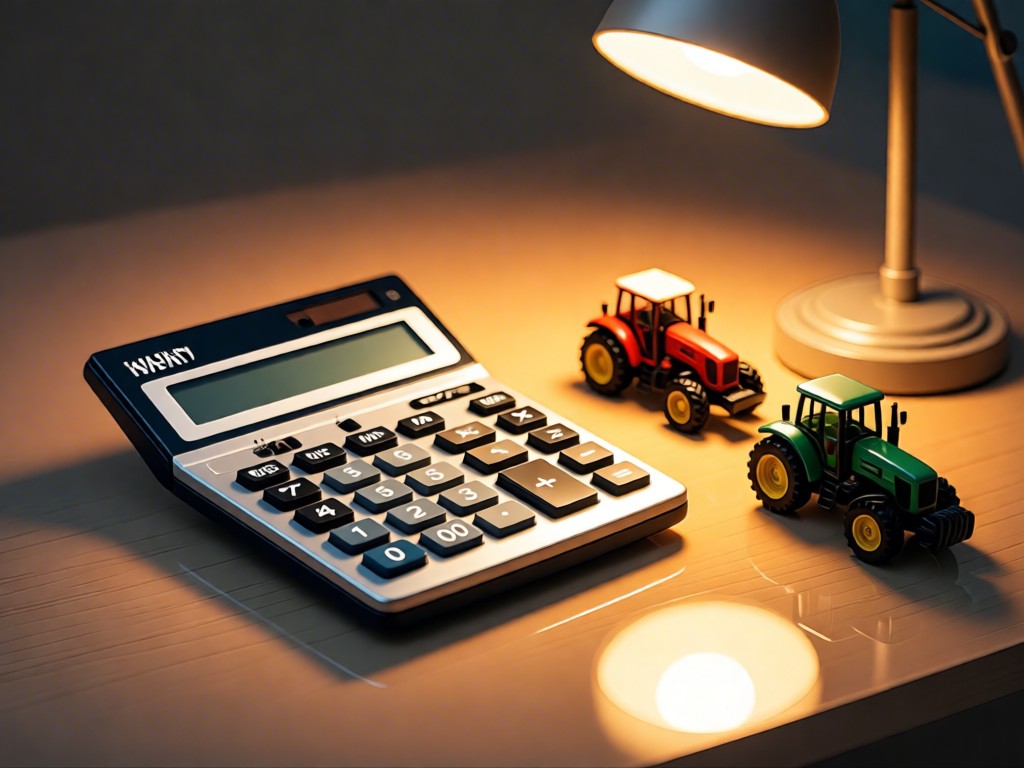 A clean calculator beside miniature tractor models. Warm desk lamp glow on polished surfaces. Soft shadows. Business tools aesthetic. No people.