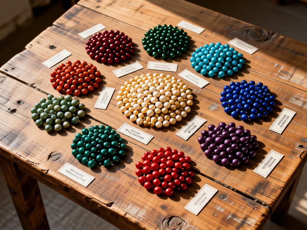 Overhead shot of ornament groups arranged by color on a rustic table. Labels visible beside each cluster. Soft shadows. No people.