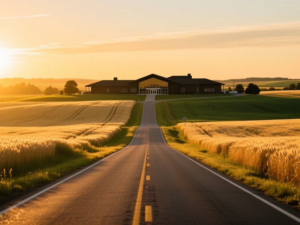 An open road through sunlit wheat fields at golden hour, leading to a distant inclusive community center silhouette, warm directional lighting, vibrant gold and green tones, expansive horizon.