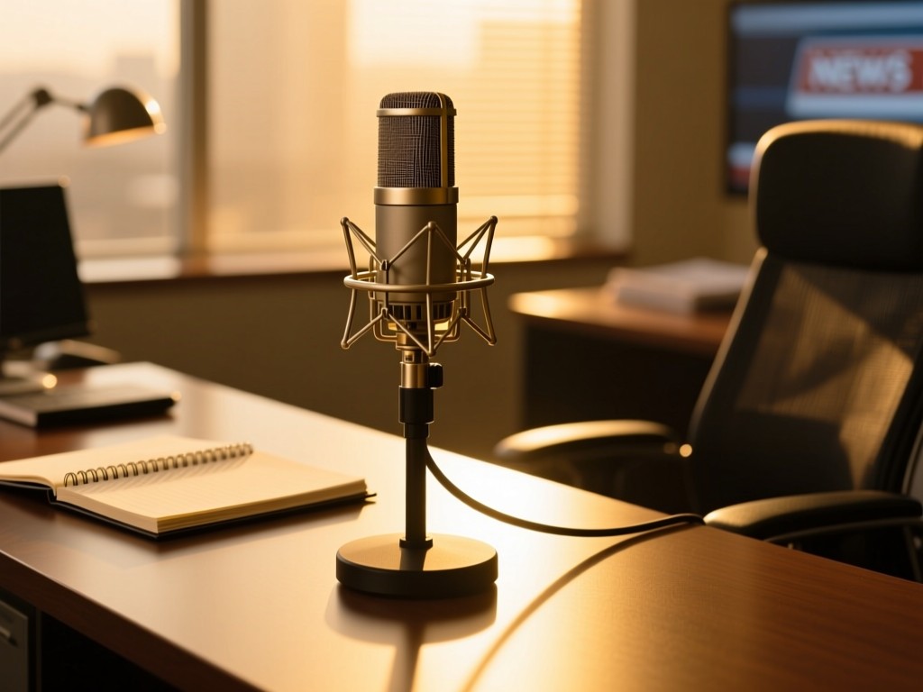 A professional microphone stand in golden hour light, casting long shadow on newsroom desk with notebook, symbolizing authoritative media presence, warm tones, shallow depth of field, no people.