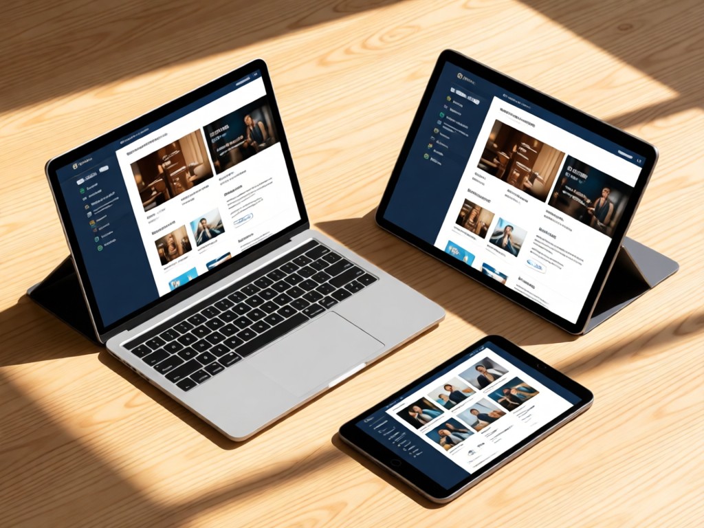 Three angled devices (laptop, tablet, phone) showing the same portfolio layout on a light oak surface. Sunlight creates clean shadows. No people.