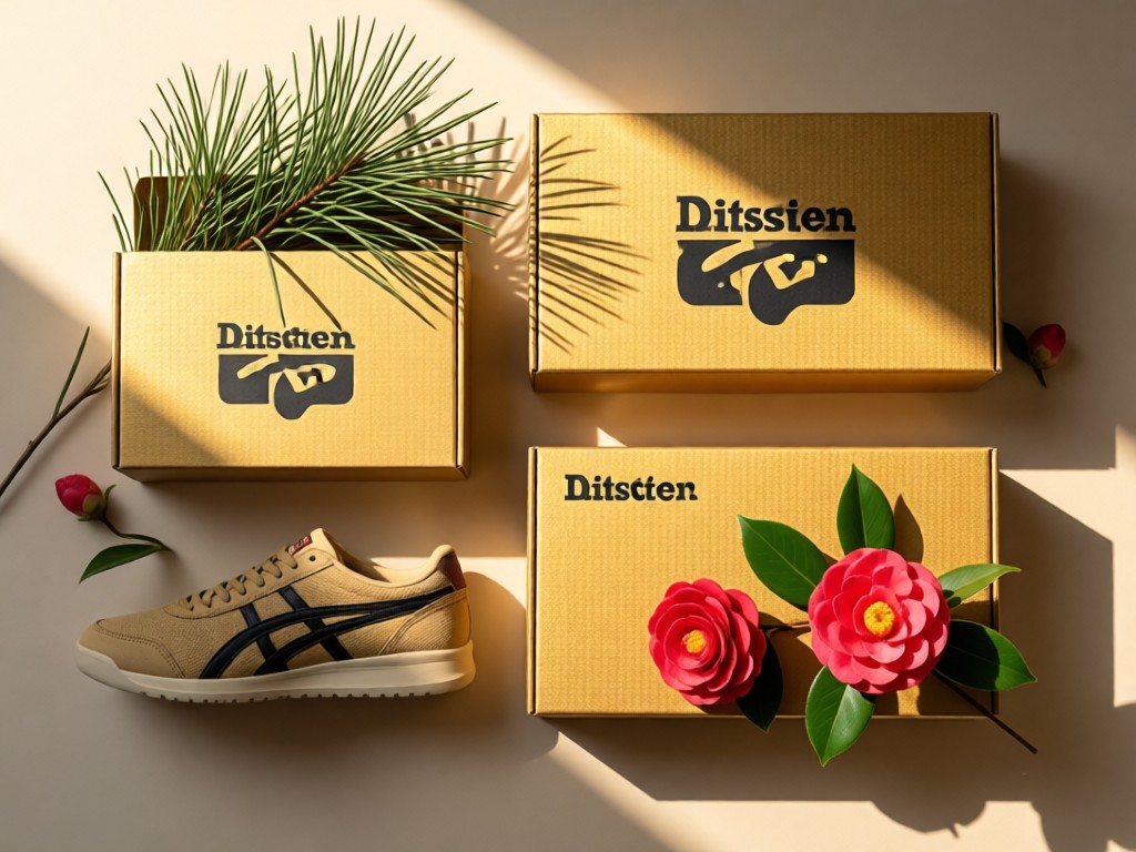 Flat lay of Onitsuka Tiger shoeboxes artfully arranged with pine needles and camellia flowers. Soft shadows, golden light on textured packaging. Minimalist aesthetic, no people.
