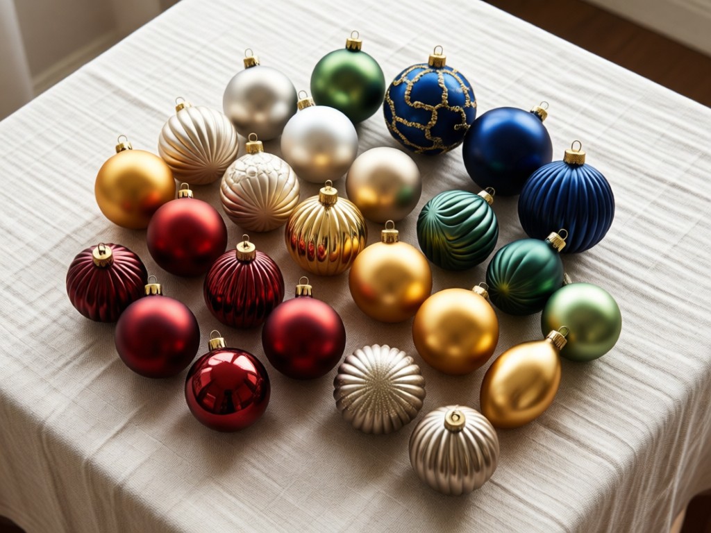 An overhead shot of elegant holiday ornaments arranged in color-coordinated groupings on a linen tablecloth. Soft natural light highlights textures. No people.