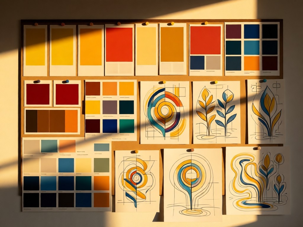 Color swatches and design sketches on a mood board. Golden hour light casts long shadows. Creative and organized vibe. No people.