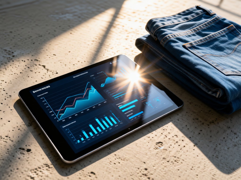 An open tablet showing real-time inventory graphs beside neatly folded jeans. Sunlight reflects off the screen onto a concrete surface. No people.