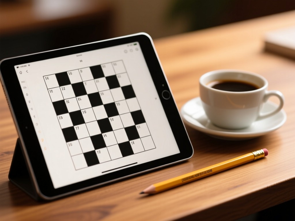 Close-up of a crossword grid on a tablet screen. Beside it, a neatly sharpened pencil and coffee cup sit on a wooden desk. Soft focus background with warm lighting.