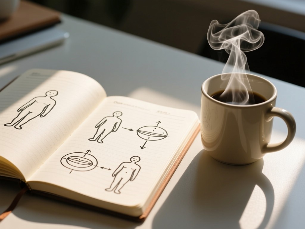 Open notebook showing hand-drawn therapy diagrams beside a steaming mug. Sunlight highlights the steam rising. Soft shadows on textured paper. Calm workspace vibe. No people.