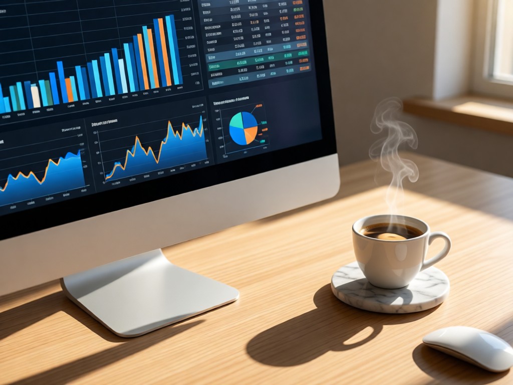 A close-up of a modern desktop monitor showing clean financial charts. Beside it, a steaming espresso cup sits on a marble coaster. Morning light creates sharp shadows on the minimalist desk.