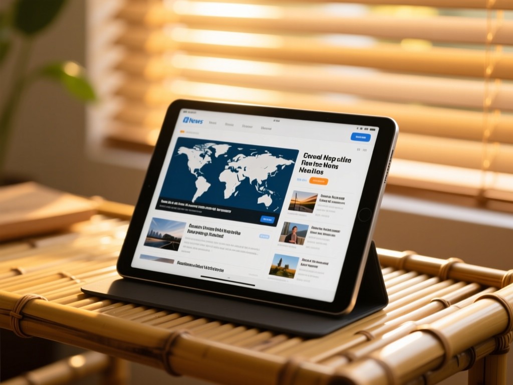 A modern tablet on a bamboo desk at golden hour, screen displaying a clean news dashboard with global headlines, soft sunlight filtering through blinds, warm tones, shallow depth of field, no visible text or people.