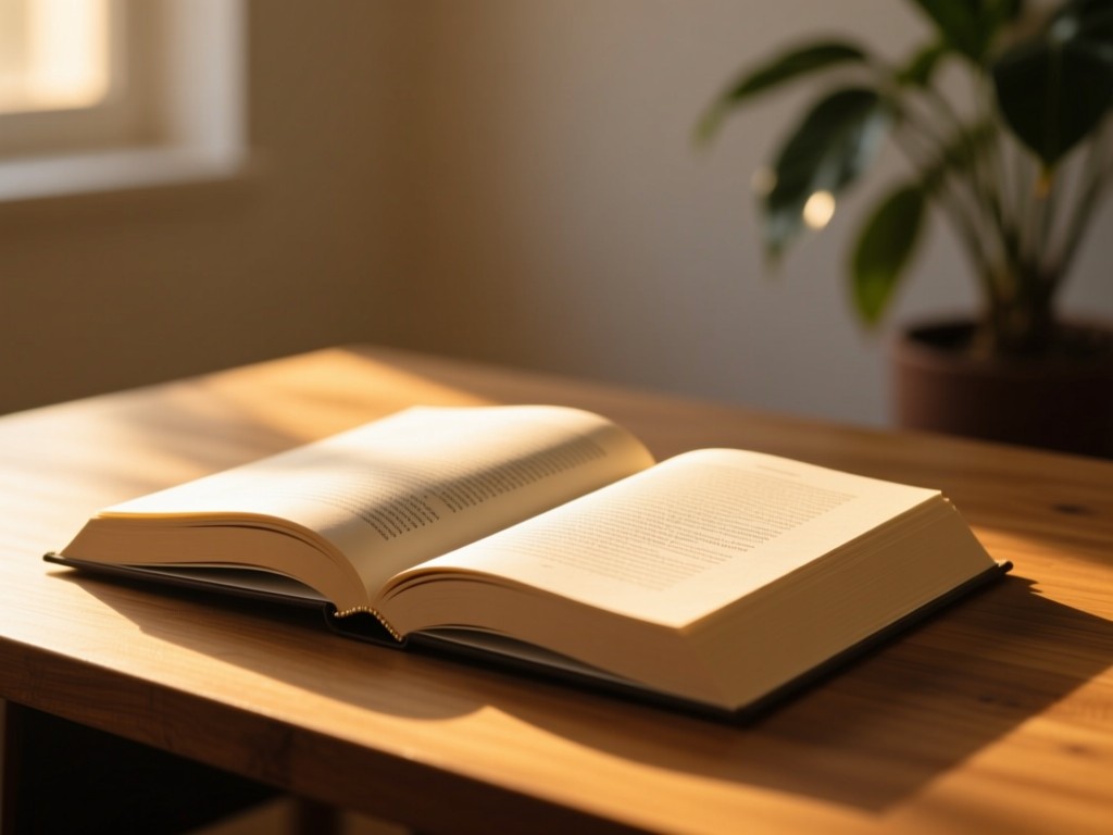 An open hardcover book on a wooden desk during golden hour, sunlight highlighting the texture of pages, shallow depth of field, warm tones, minimalist background with a plant in soft focus, no text or visible content.