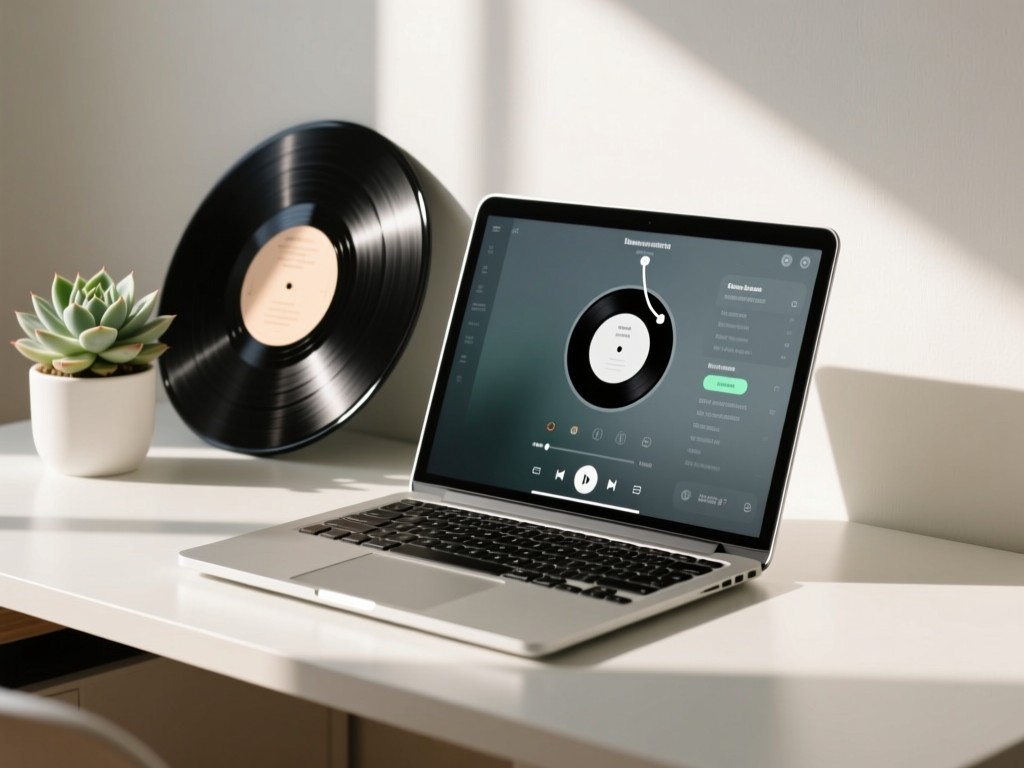 Minimalist desk with open laptop displaying a clean music player interface. Vinyl record leaning against a succulent in soft daylight. Focus on tech and nature blend. No people.
