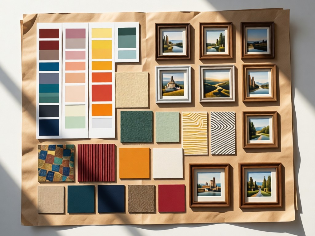Overhead view of a designer mood board with color swatches, texture samples, and miniature photo frames on craft paper. Soft daylight illumination. No people.