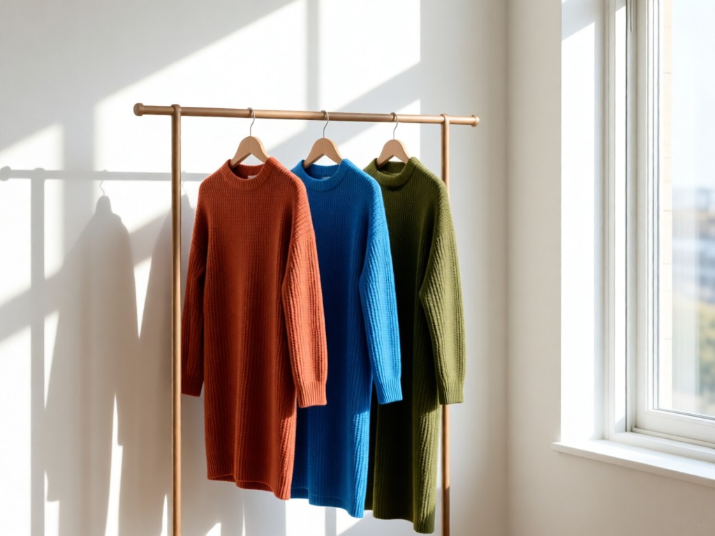 Minimalist clothing rack displaying three textured garments in terracotta, azure blue, and olive green. Soft shadows cast on whitewashed wall. Natural light from large window. No people.
