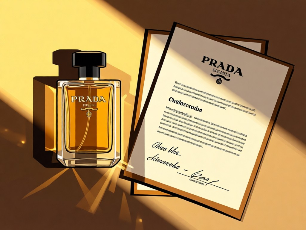 Stylized flat lay of a Prada fragrance bottle beside collaboration contracts. Golden hour backlighting. No people.