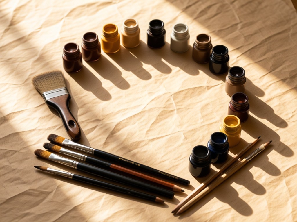 A curated collection of artist tools: brushes, pencils, and pigment bottles arranged in a circle on textured paper. Warm natural light emphasizes material textures. Minimalist style. No people.