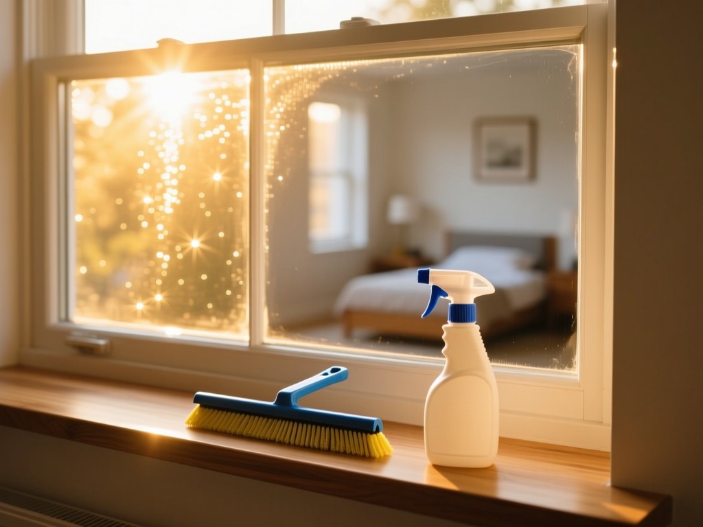 A sparkling clean window reflecting golden sunlight. Below it, a squeegee and spray bottle rest neatly on a wooden sill. Soft focus background shows a tidy room. No people.